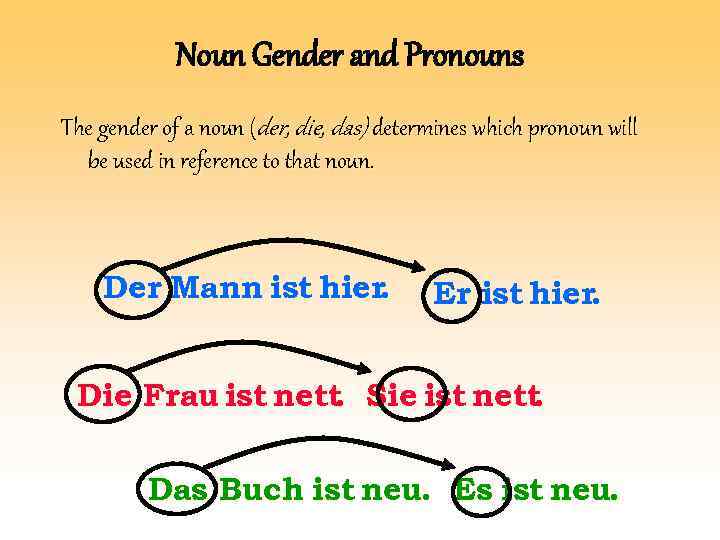 Noun Gender and Pronouns The gender of a noun (der, die, das) determines which