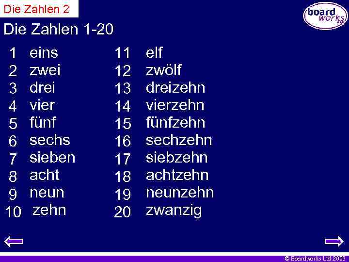 Die Zahlen 2 Die Zahlen 1 -20 1 eins 11 2 zwei 12 3