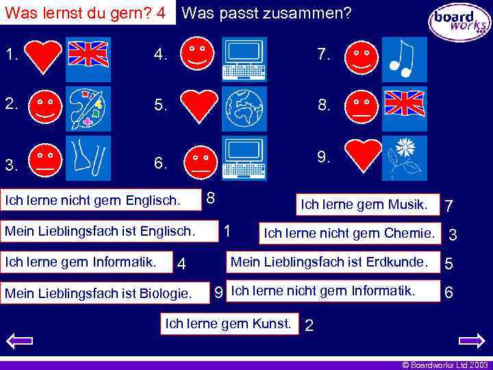 Was lernst du gern? 4 Was passt zusammen? 1. 4. 7. 2. 5. 8.