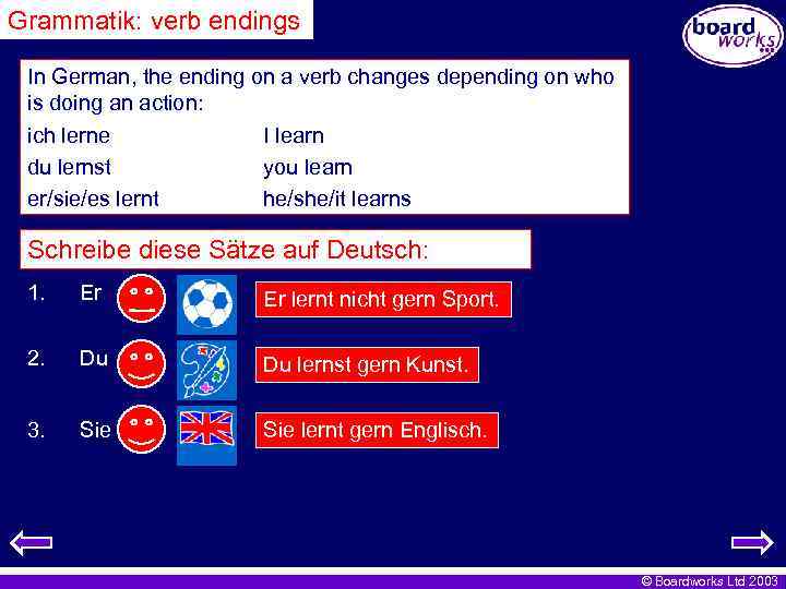 Grammatik: verb endings In German, the ending on a verb changes depending on who