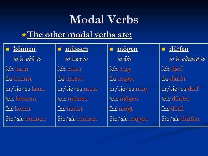 Modal Verbs êThe other modal verbs are: können to be able to ich kann