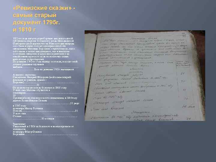  «Ревизские сказки» самый старый документ 1795 г. и 1810 г 1811 -го года
