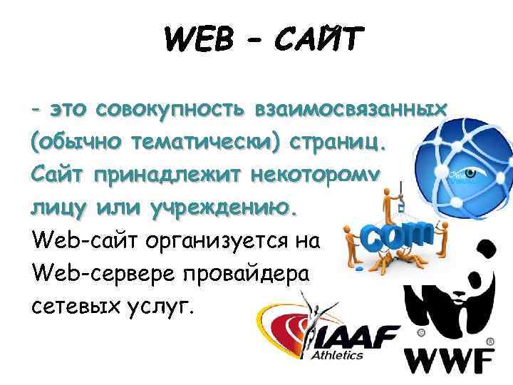 - это совокупность взаимосвязанных (обычно тематически) страниц. Сайт принадлежит некоторому лицу или учреждению. Web-сайт