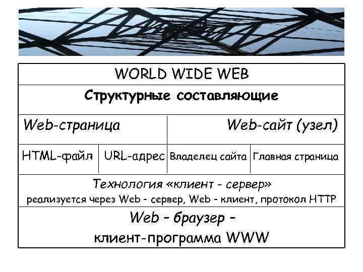 WORLD WIDE WEB Структурные составляющие Web-страница Web-сайт (узел) HTML-файл URL-адрес Владелец сайта Главная страница