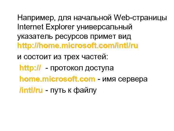 Например, для начальной Web-страницы Internet Explorer универсальный указатель ресурсов примет вид http: //home. microsoft.