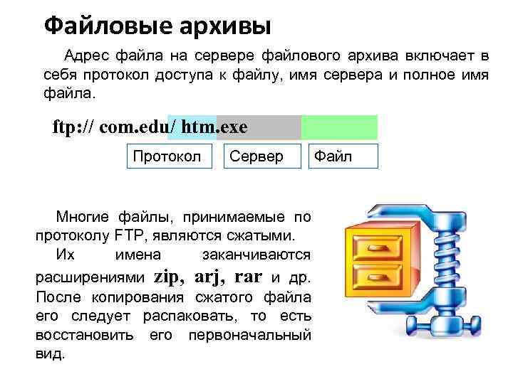 Файловые архивы Адрес файла на сервере файлового архива включает в себя протокол доступа к