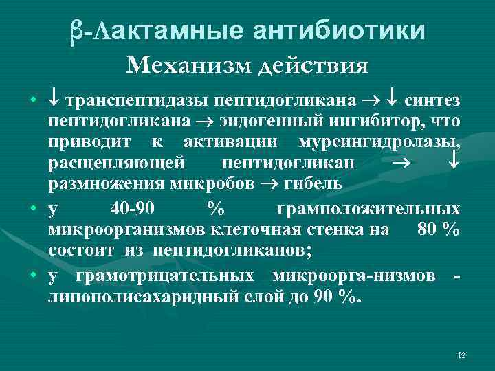 β-Лактамные антибиотики Механизм действия • транспептидазы пептидогликана синтез пептидогликана эндогенный ингибитор, что приводит к