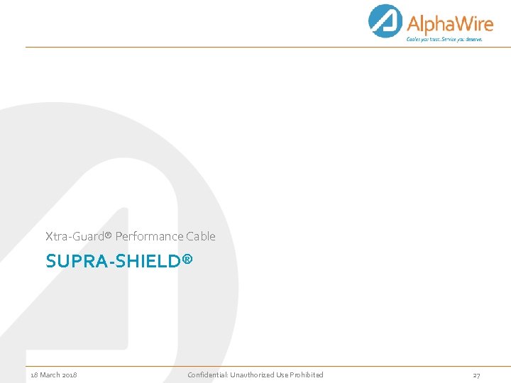 Xtra-Guard® Performance Cable SUPRA-SHIELD® 18 March 2018 Confidential: Unauthorized Use Prohibited 27 