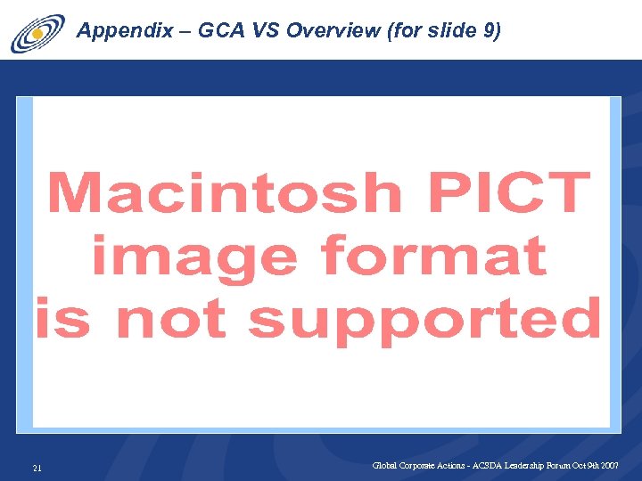Appendix – GCA VS Overview (for slide 9) 21 Global Corporate Actions - ACSDA