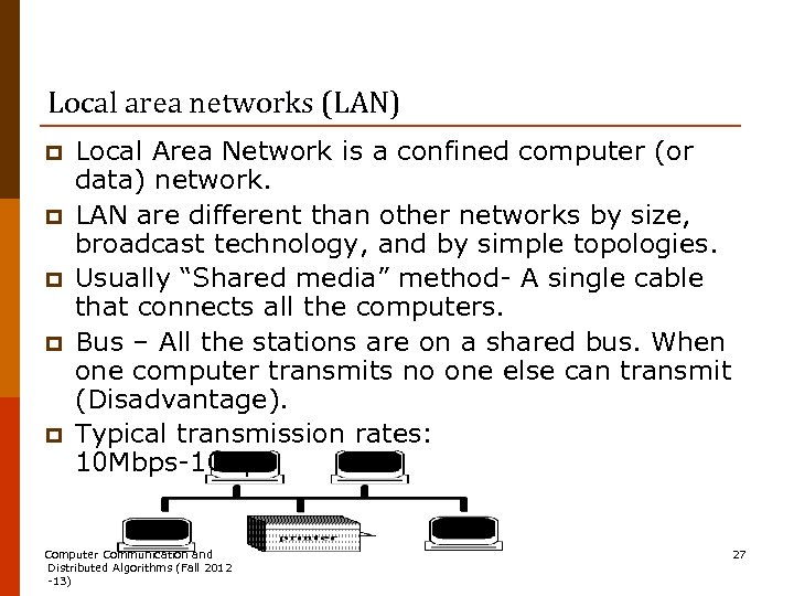 Local area networks (LAN) p p p Local Area Network is a confined computer