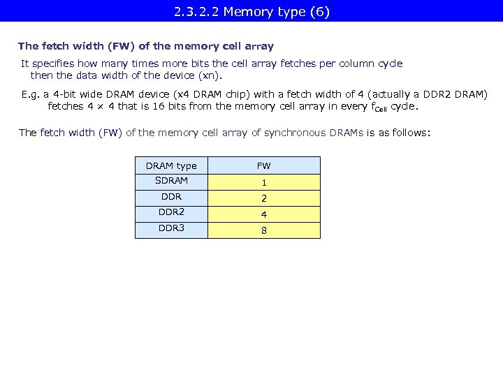 2. 3. 2. 2 Memory type (6) The fetch width (FW) of the memory