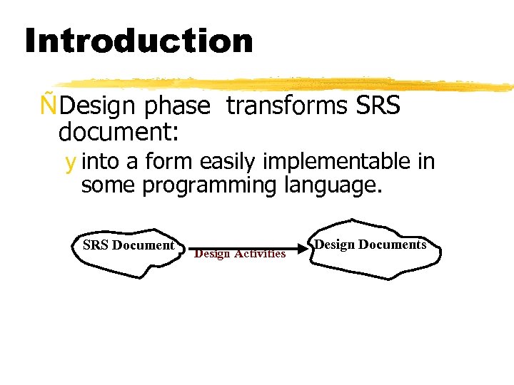 Introduction ÑDesign phase transforms SRS document: y into a form easily implementable in some