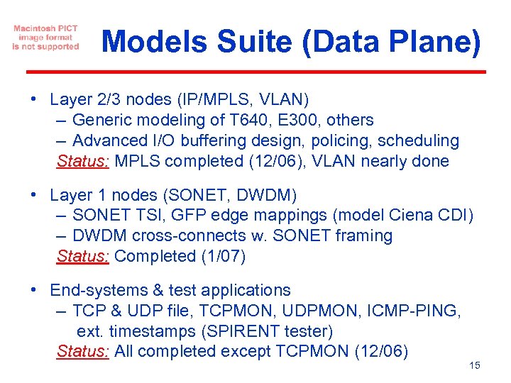 Models Suite (Data Plane) • Layer 2/3 nodes (IP/MPLS, VLAN) – Generic modeling of