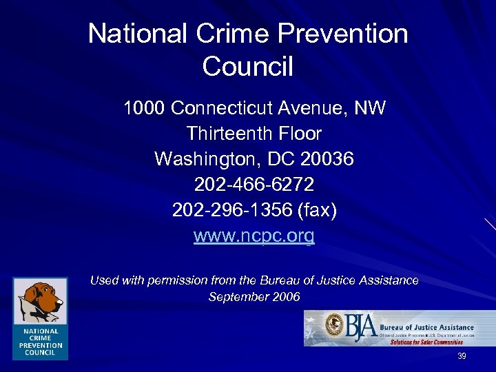 National Crime Prevention Council 1000 Connecticut Avenue, NW Thirteenth Floor Washington, DC 20036 202