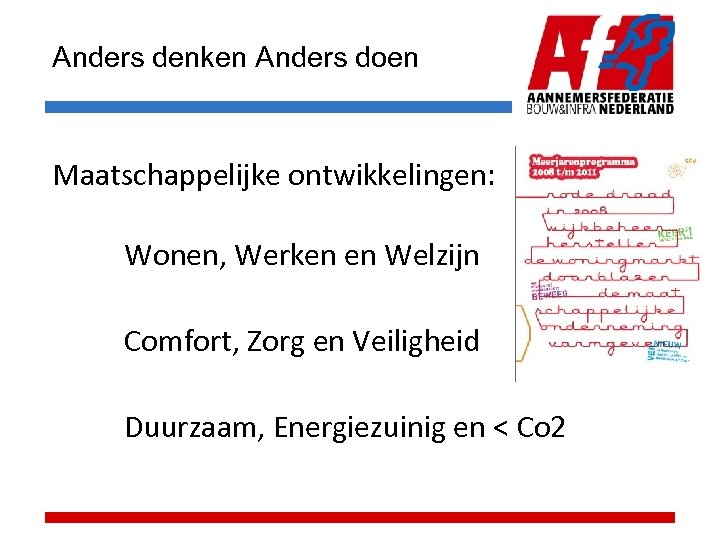 Anders denken Anders doen Maatschappelijke ontwikkelingen: Wonen, Werken en Welzijn Comfort, Zorg en Veiligheid