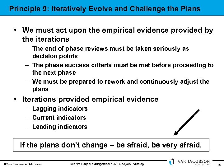 Principle 9: Iteratively Evolve and Challenge the Plans • We must act upon the