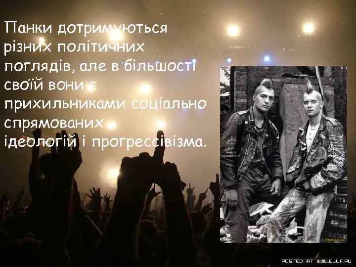 Панки дотримуються різних політичних поглядів, але в більшості своїй вони є прихильниками соціально спрямованих