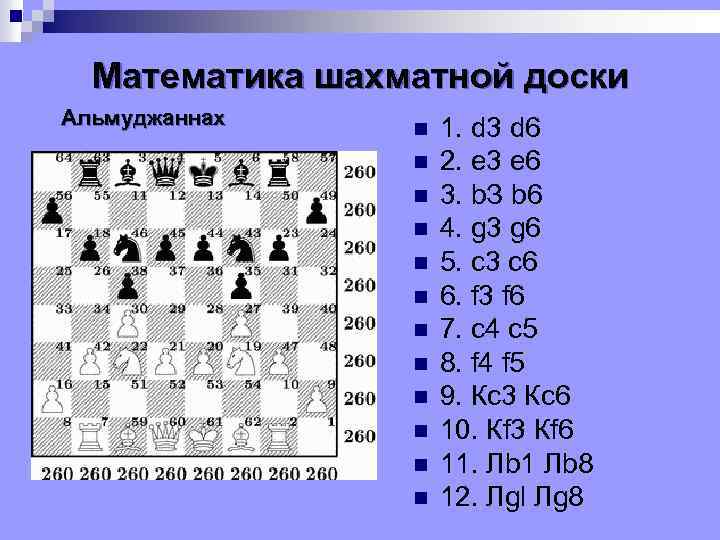 Математика шахматной доски Альмуджаннах n n n 1. d 3 d 6 2. е