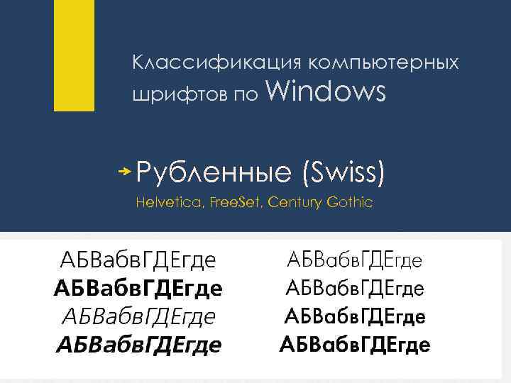 Классификация компьютерных шрифтов по Windows Рубленные (Swiss) Helvetica, Free. Set, Century Gothic 