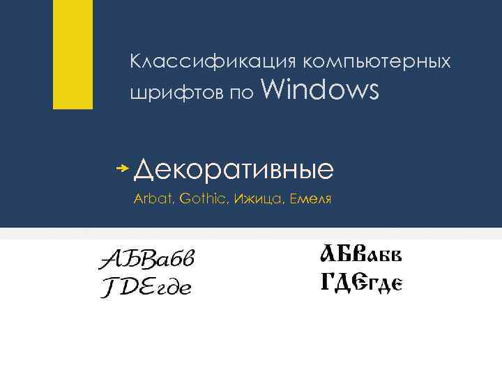 Классификация компьютерных шрифтов по Windows Декоративные Arbat, Gothic, Ижица, Емеля 