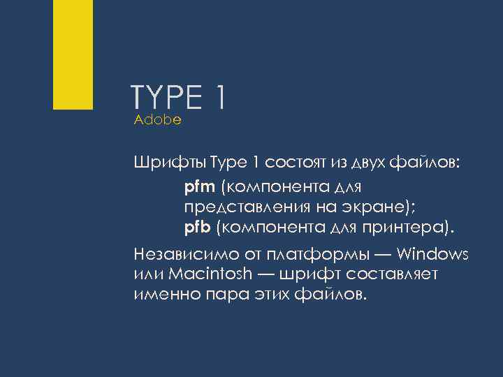 TYPE 1 Adobe Шрифты Type 1 состоят из двух файлов: pfm (компонента для представления