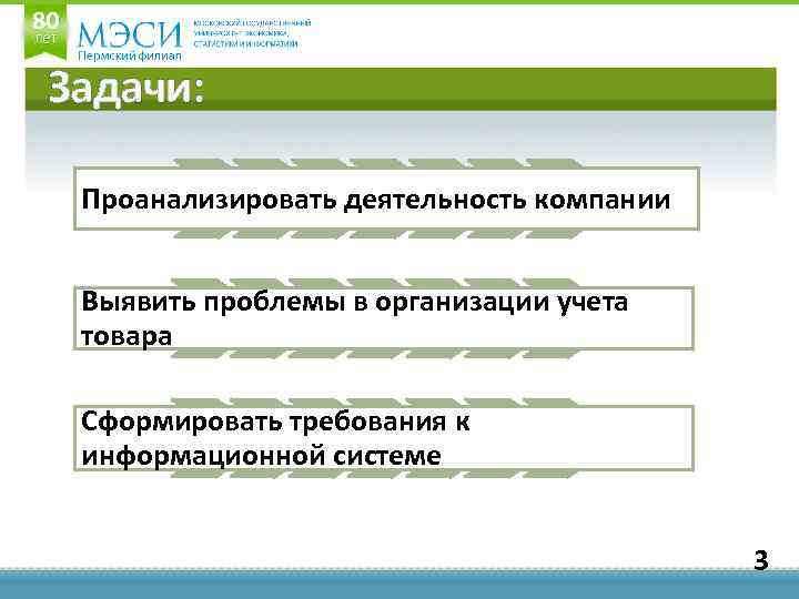 Задачи: Проанализировать деятельность компании Выявить проблемы в организации учета товара Сформировать требования к информационной