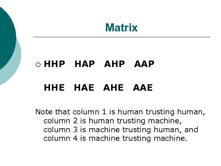 Matrix ¡ HHP HAP AHP AAP HHE HAE AHE AAE Note that column 1