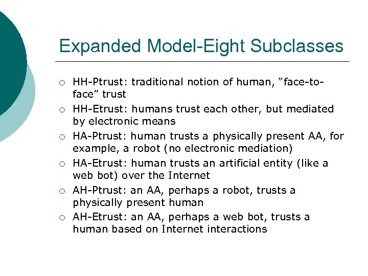 Expanded Model-Eight Subclasses ¡ ¡ ¡ HH-Ptrust: traditional notion of human, “face-toface” trust HH-Etrust: