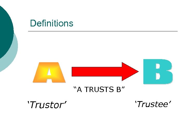 Definitions “A TRUSTS B” ‘Trustor’ ‘Trustee’ 