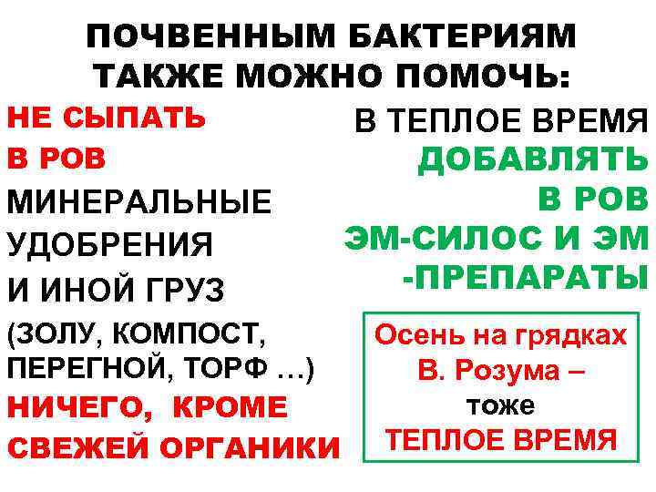 ПОЧВЕННЫМ БАКТЕРИЯМ ТАКЖЕ МОЖНО ПОМОЧЬ: НЕ СЫПАТЬ В ТЕПЛОЕ ВРЕМЯ В РОВ ДОБАВЛЯТЬ В