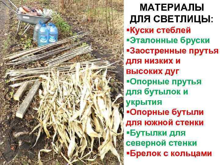 МАТЕРИАЛЫ ДЛЯ СВЕТЛИЦЫ: §Куски стеблей §Эталонные бруски §Заостренные прутья для низких и высоких дуг