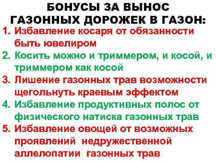 БОНУСЫ ЗА ВЫНОС ГАЗОННЫХ ДОРОЖЕК В ГАЗОН: 1. Избавление косаря от обязанности 2. 3.