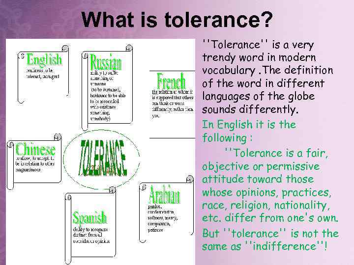 What is tolerance? • ''Tolerance'' is a very trendy word in modern vocabulary. The