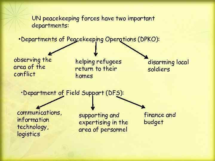 UN peacekeeping forces have two important departments: • Departments of Peacekeeping Operations (DPKO): observing