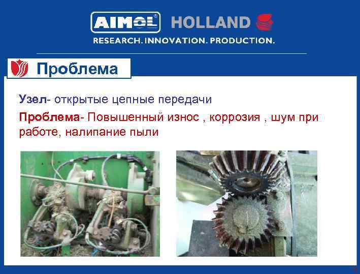 Проблема Узел- открытые цепные передачи Проблема- Повышенный износ , коррозия , шум при работе,