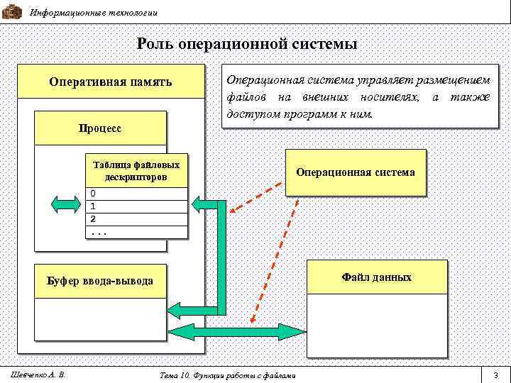 Информационные технологии Роль операционной системы Оперативная память Операционная система управляет размещением файлов на внешних