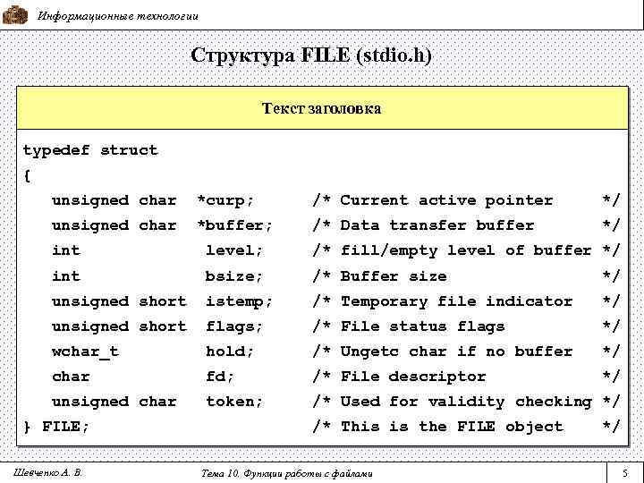 Информационные технологии Структура FILE (stdio. h) Текст заголовка typedef struct { unsigned char *curp;