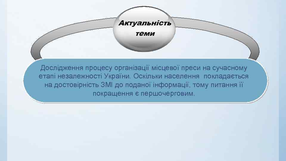 Актуальність теми Дослідження процесу організації місцевої преси на сучасному етапі незалежності України. Оскільки населення