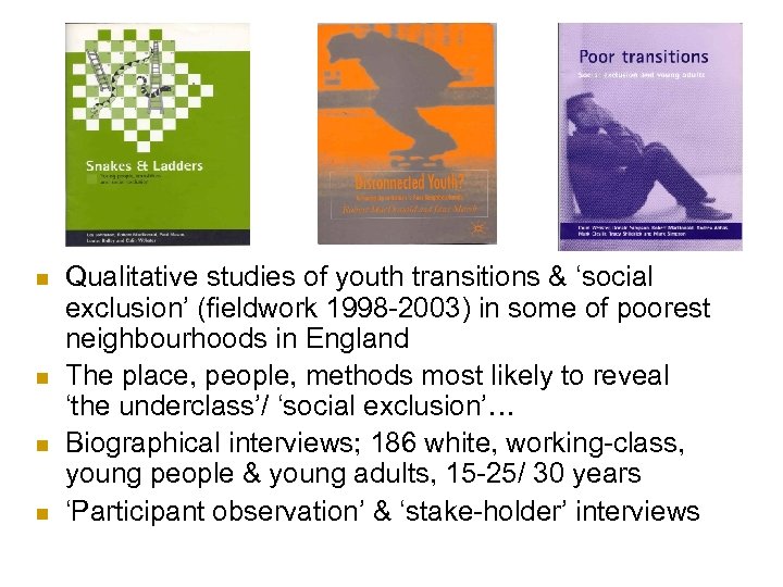 n n Qualitative studies of youth transitions & ‘social exclusion’ (fieldwork 1998 -2003) in