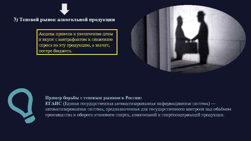 3) Теневой рынок алкогольной продукции Акцизы привели к увеличению цены и вкупе с контрафактом