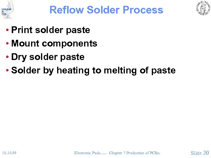 Reflow Solder Process • Print solder paste • Mount components • Dry solder paste