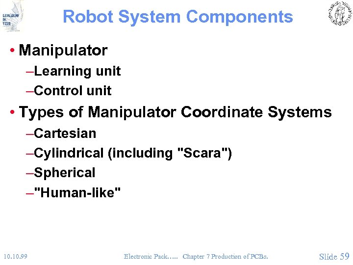 Robot System Components • Manipulator –Learning unit –Control unit • Types of Manipulator Coordinate