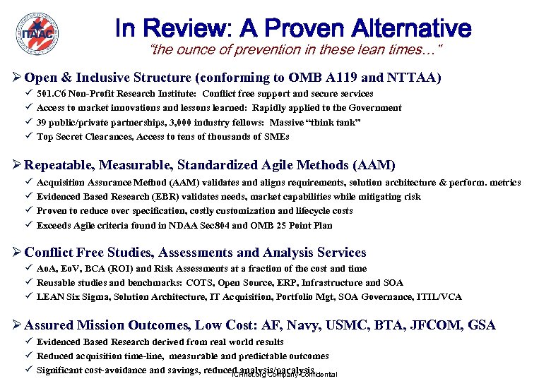 In Review: A Proven Alternative “the ounce of prevention in these lean times…” Ø