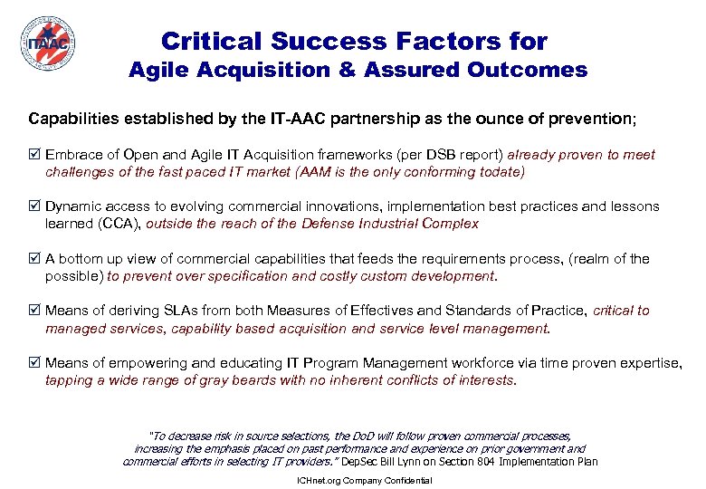 Critical Success Factors for Agile Acquisition & Assured Outcomes Capabilities established by the IT-AAC