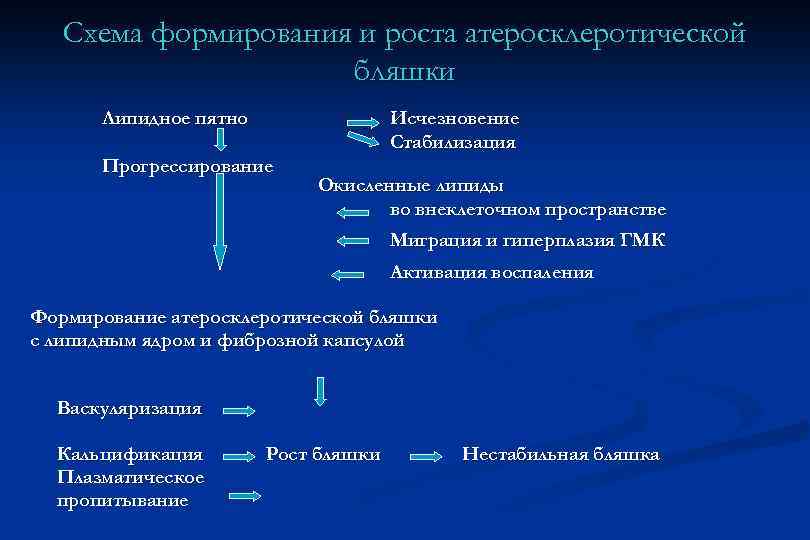 Схема формирования и роста атеросклеротической бляшки Липидное пятно Исчезновение Стабилизация Прогрессирование Окисленные липиды во