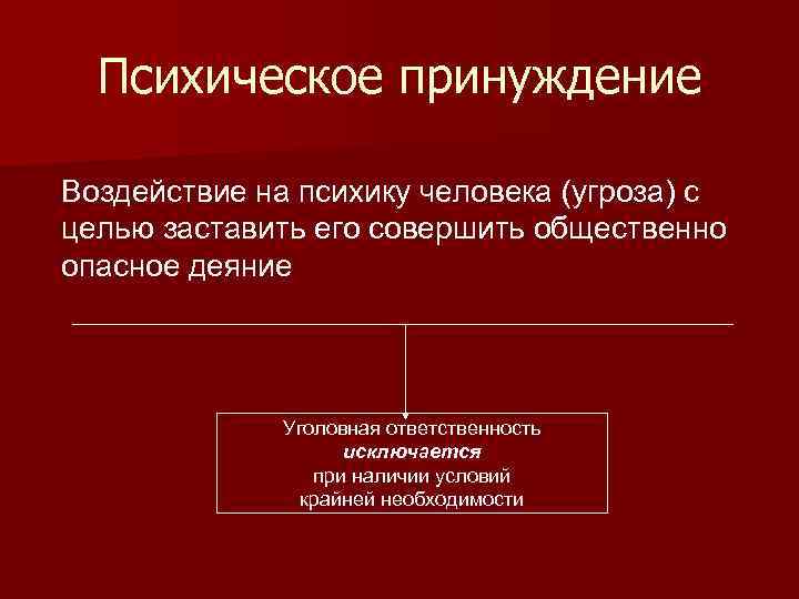 Психическое принуждение Воздействие на психику человека (угроза) с целью заставить его совершить общественно опасное