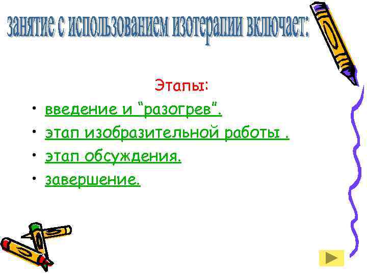  • • Этапы: введение и “разогрев”. этап изобразительной работы. этап обсуждения. завершение. 
