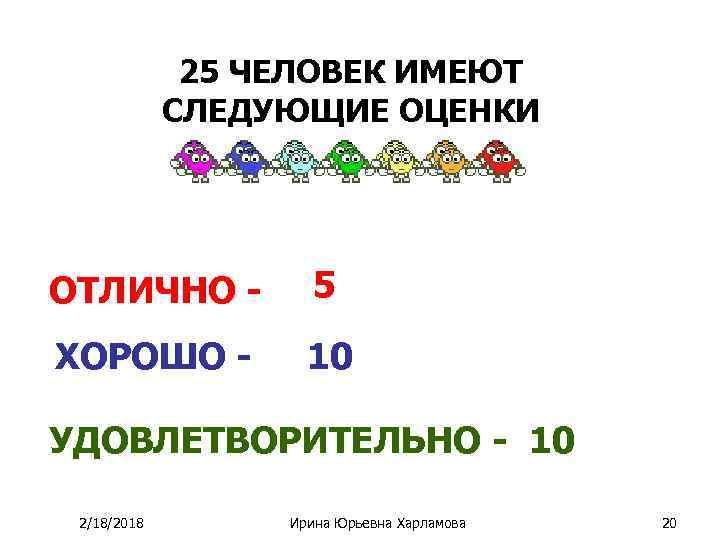 25 ЧЕЛОВЕК ИМЕЮТ СЛЕДУЮЩИЕ ОЦЕНКИ ОТЛИЧНО - 5 ХОРОШО - 10 УДОВЛЕТВОРИТЕЛЬНО - 10