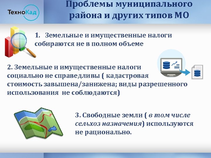 Проблемы муниципального района и других типов МО 1. Земельные и имущественные налоги собираются не