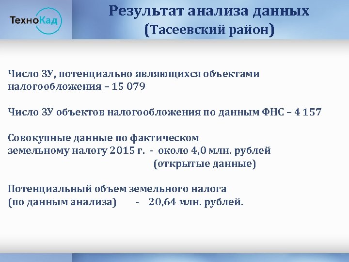 Результат анализа данных (Тасеевский район) Число ЗУ, потенциально являющихся объектами налогообложения – 15 079
